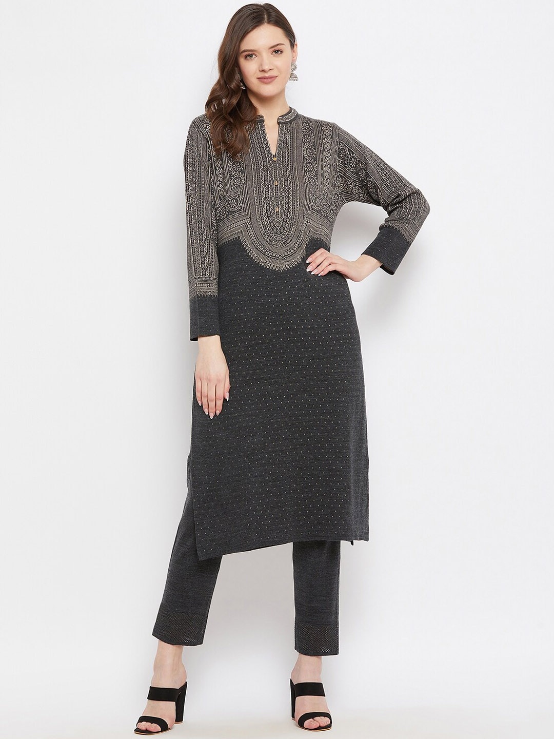 

Knitstudio Women Charcoal & Grey Self Design Straight Kurta with Trousers