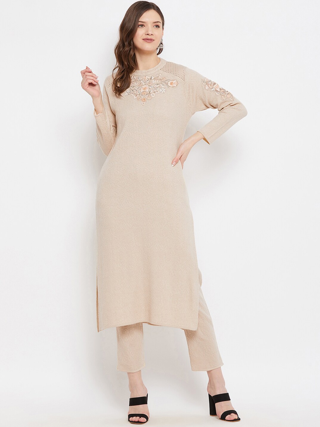 

Knitstudio Women Beige Embroidered Kurti with Trousers