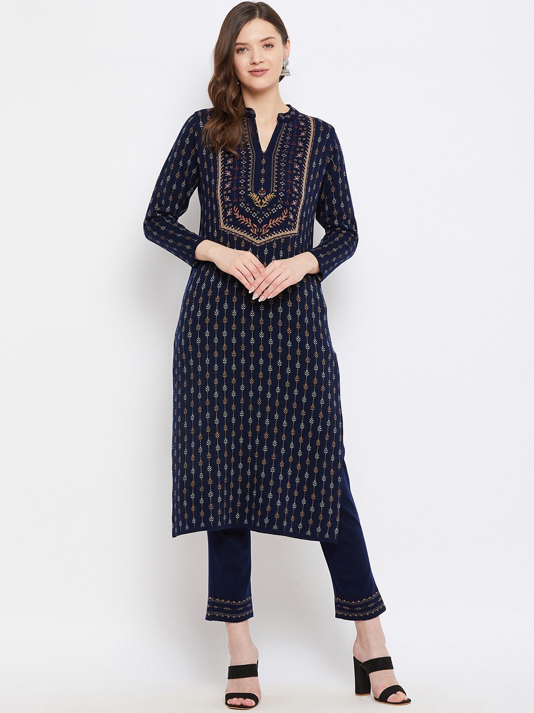 

Knitstudio Women Navy Blue Ethnic Motifs Kurta with Trousers