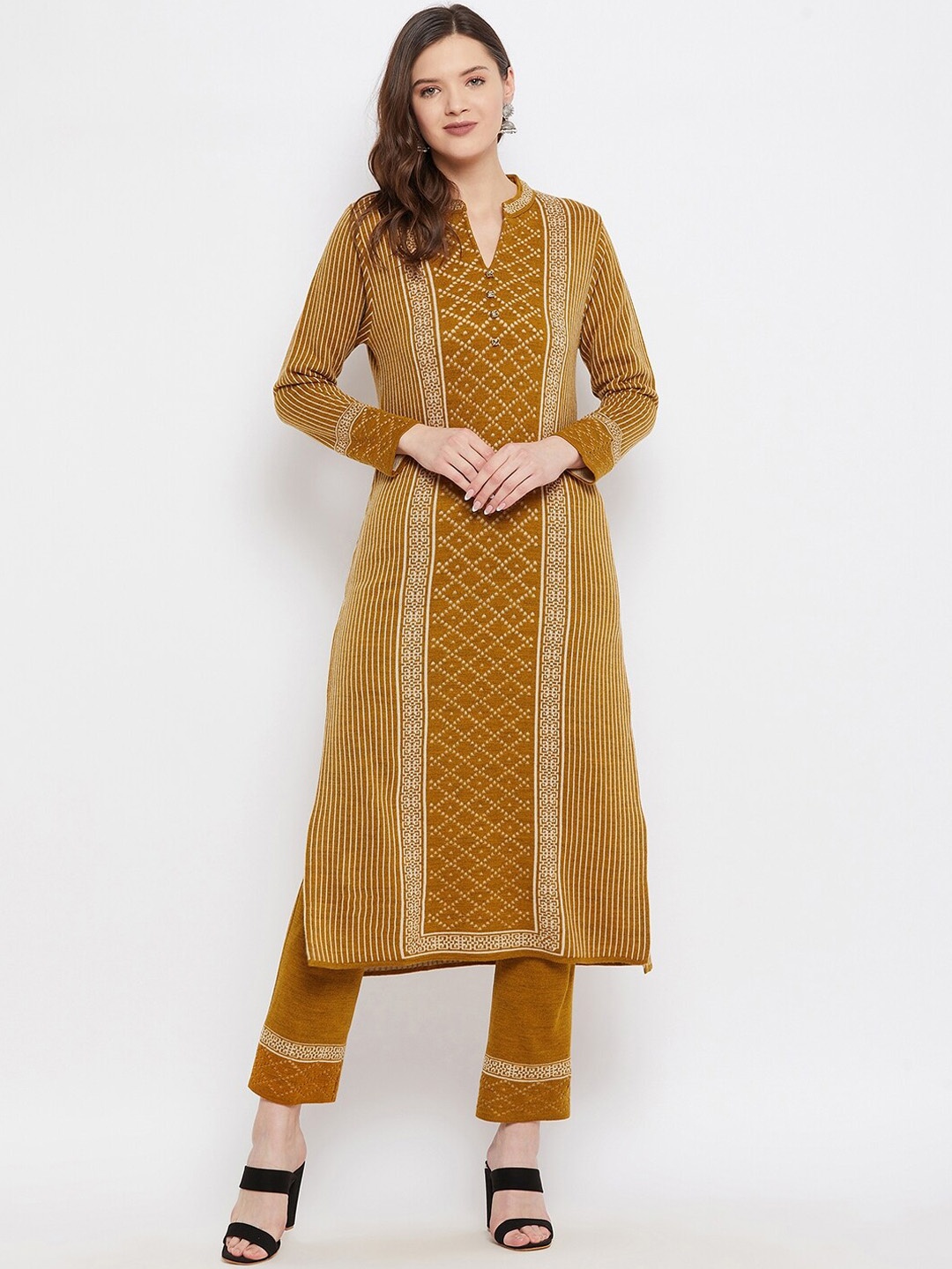 

Knitstudio Women Mustard Yellow Striped Woven Design Kurta With Trouser