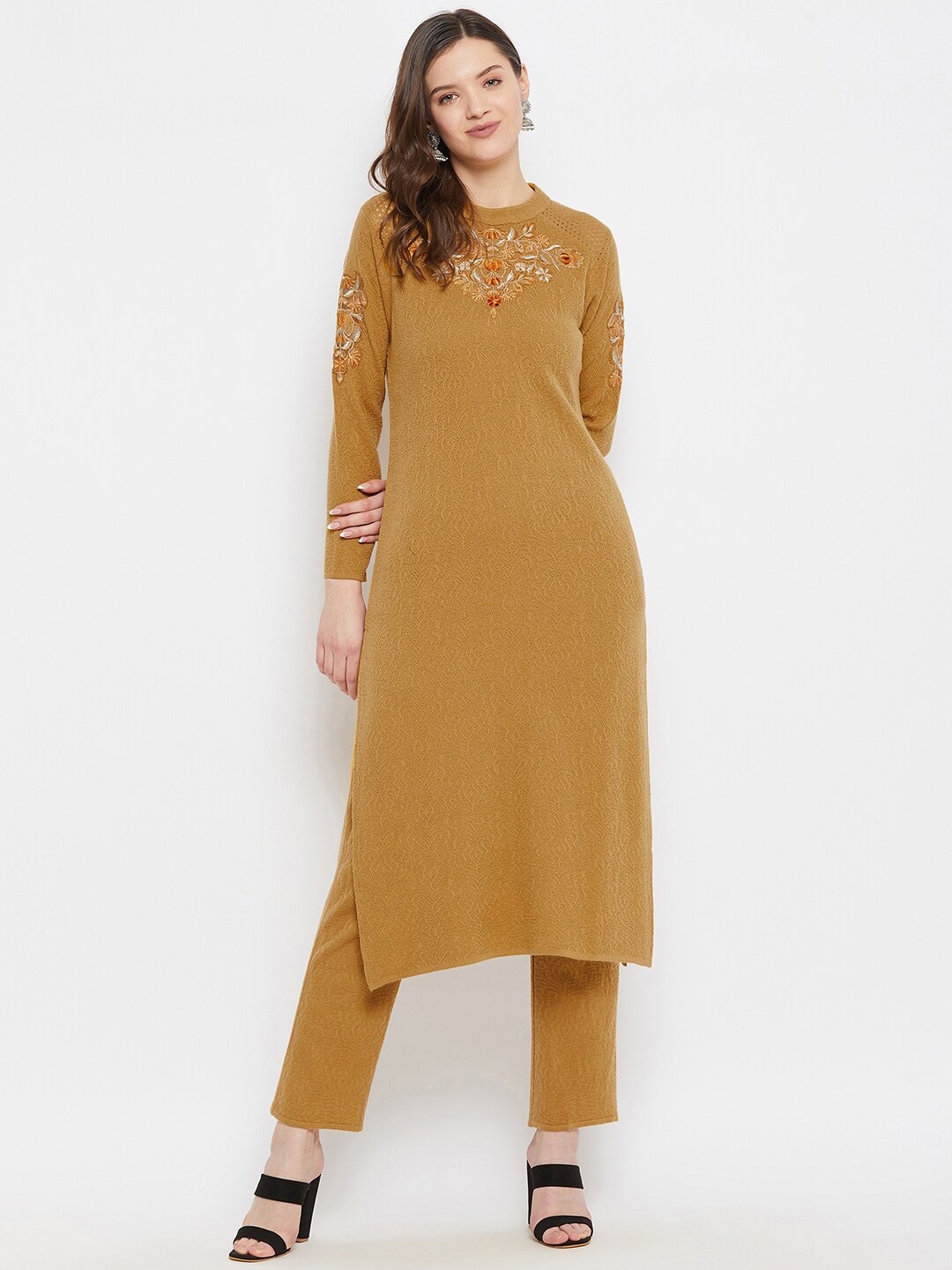 

Knitstudio Women Mustard Yellow Embroidered Straight Kurta with Trousers