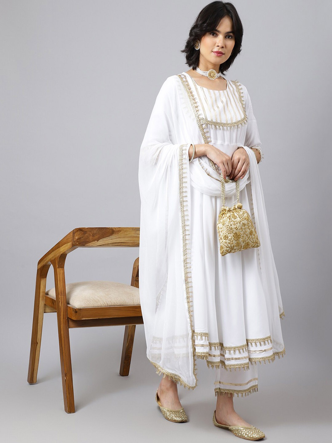 

Khushal K Women White Yoke Design Kurta with Palazzos & With Dupatta