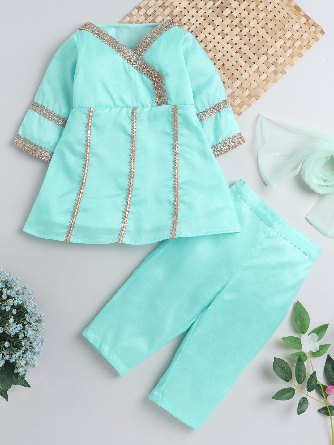 

MANY FROCKS & Girls Blue Thread Work Kurta with Trousers