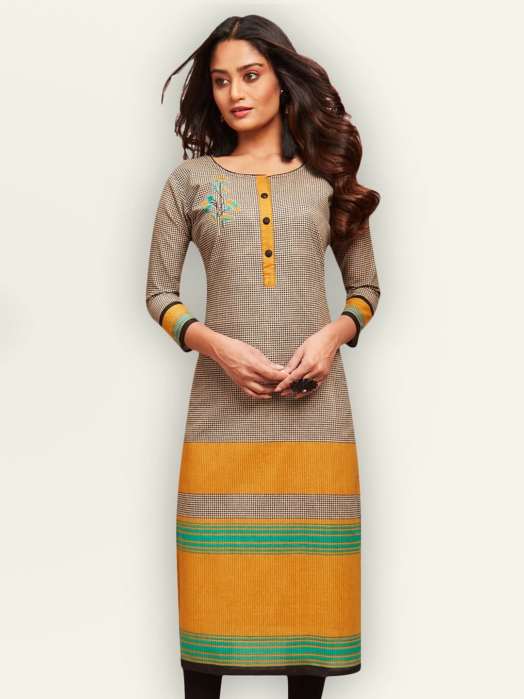 

Jevi Prints Women Beige & Yellow Geometric Printed Kurta
