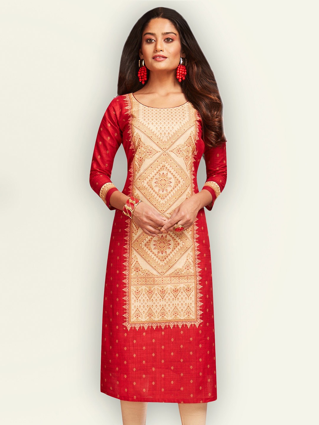 

Jevi Prints Women Red & Beige Ethnic Motifs Printed Kurta