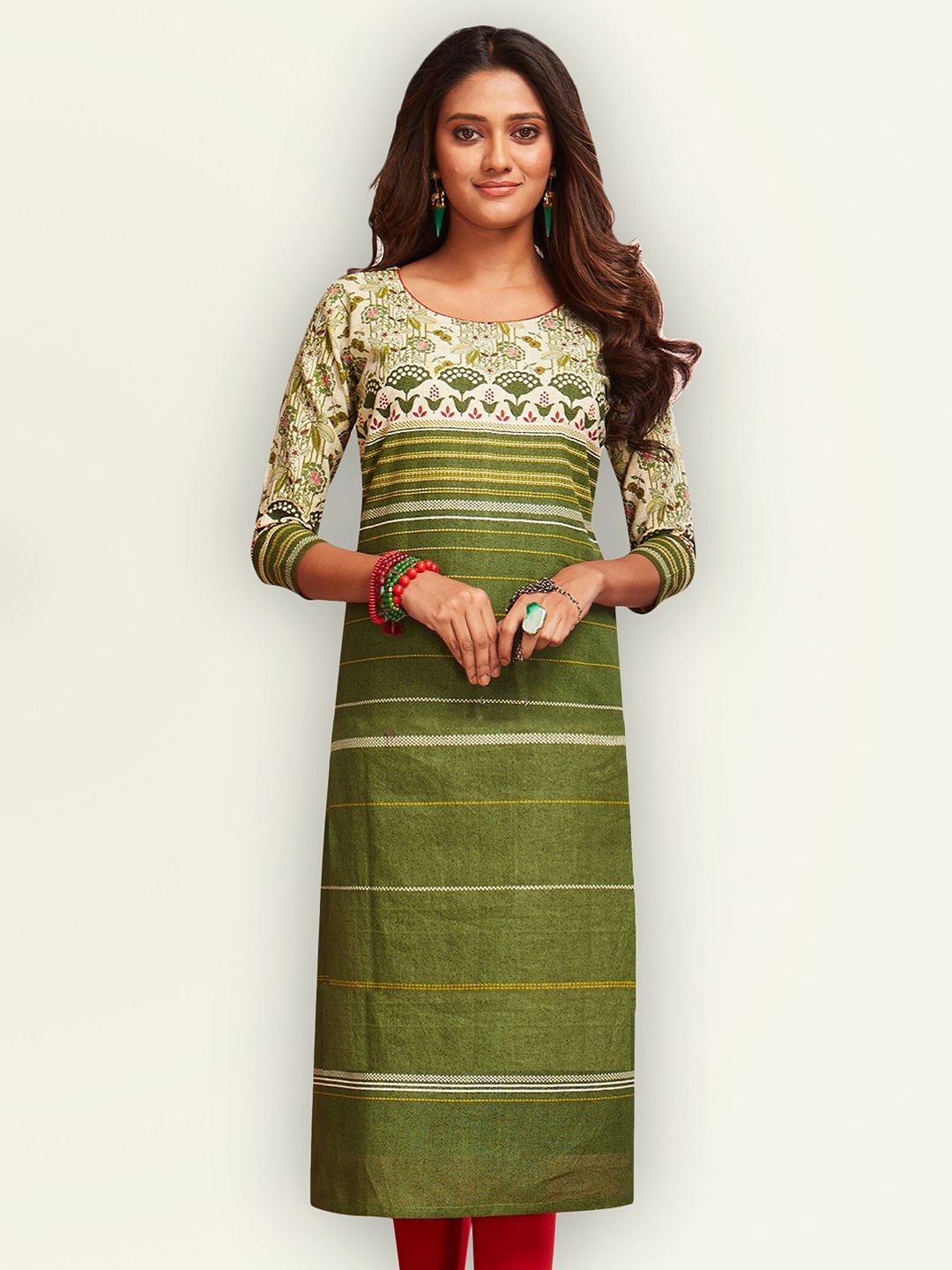 

Jevi Prints Women Green & Off White Ethnic Motifs Printed Kurta
