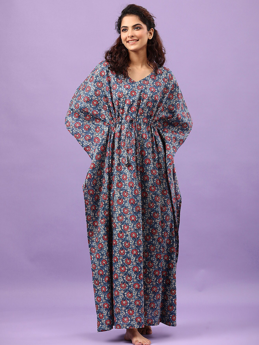 

JISORA Women Blue Printed Pure Cotton Nightdress