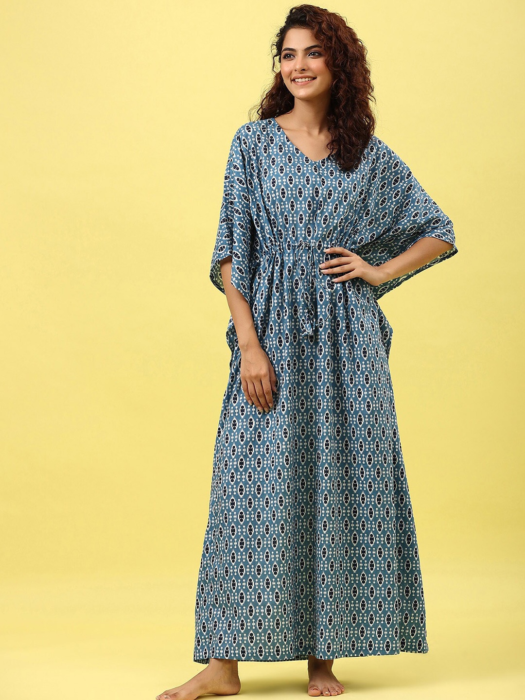 

JISORA Women Teal Printed Pure Cotton Nightdress
