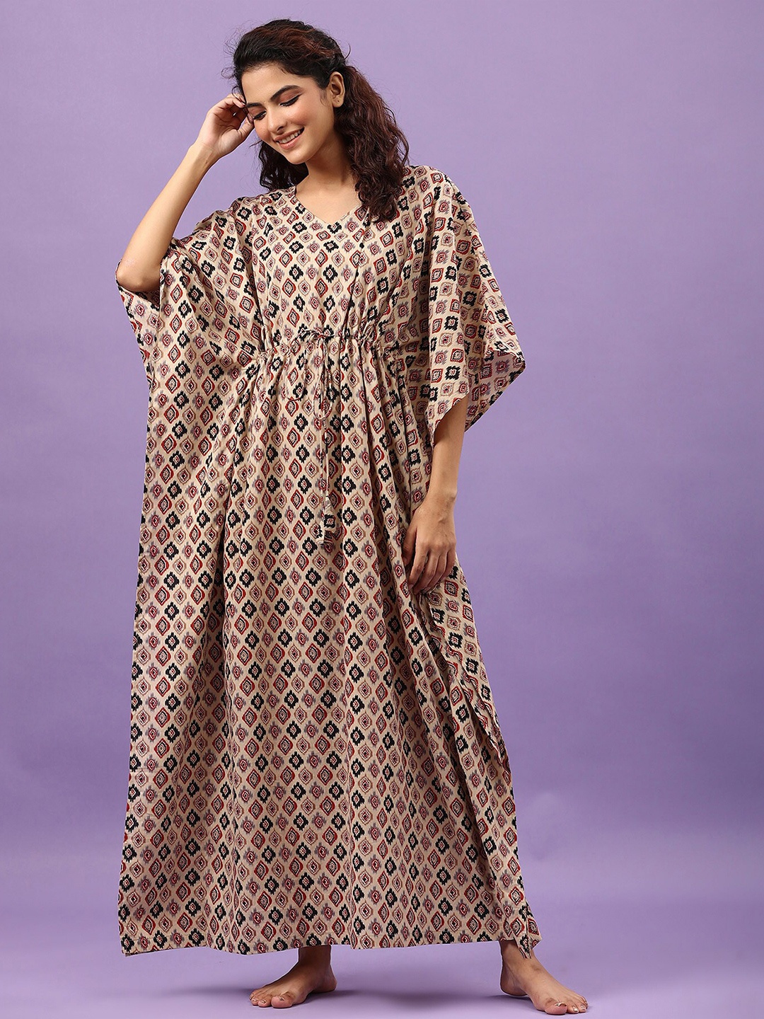

JISORA Beige Printed Maxi Cotton Nightdress