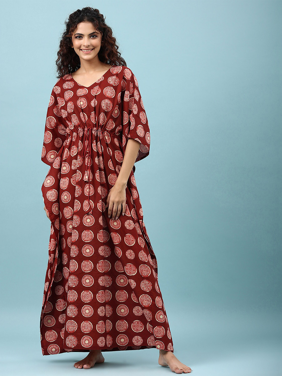 

JISORA Red Printed Pure Cotton Maxi Nightdress