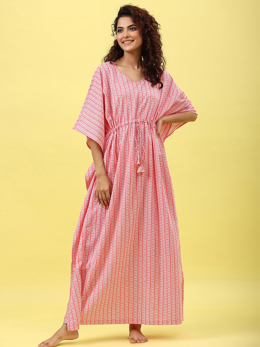 

JISORA Pink Printed Maxi Pure Cotton Kaftan Nightdress