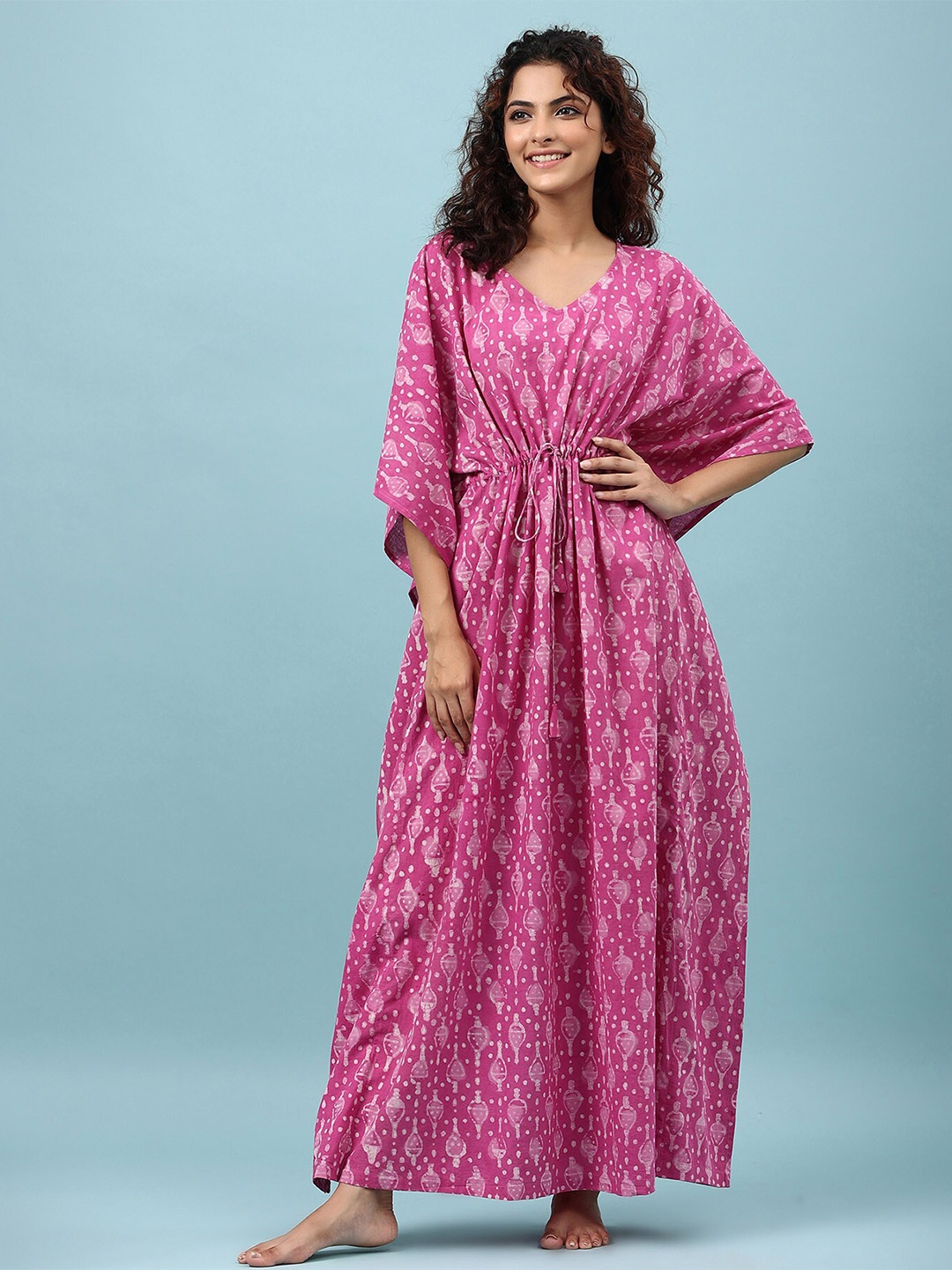 

JISORA Pink Printed Maxi Kaftan Pure Cotton Nightdress