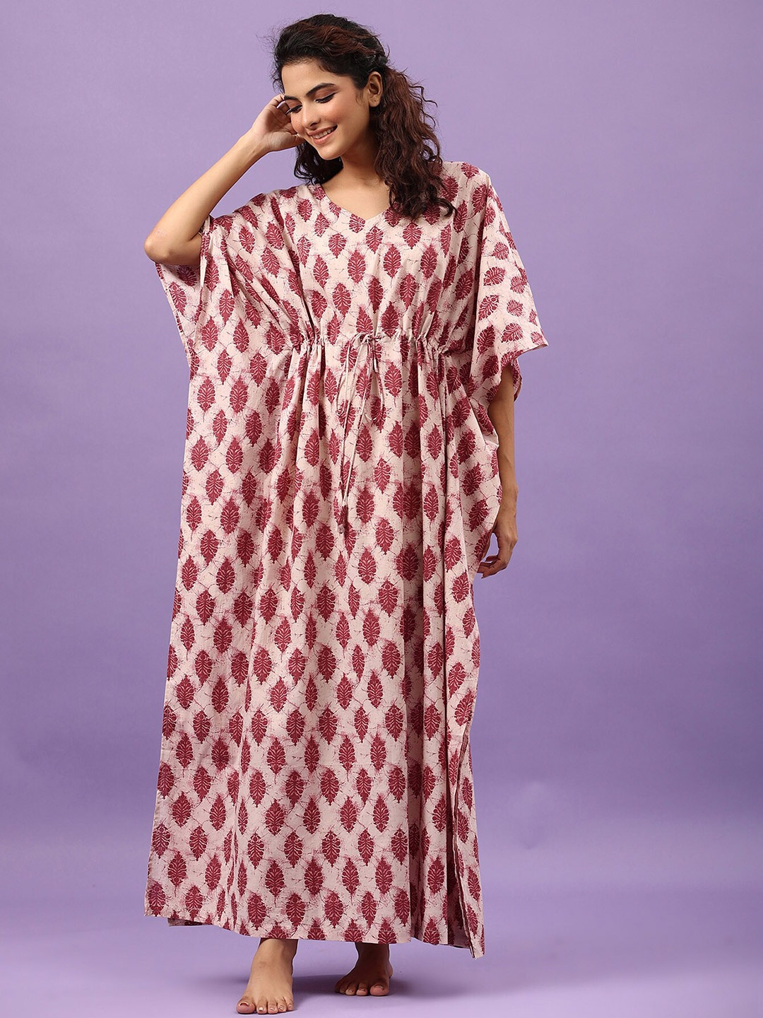 

JISORA Maroon & Beige Printed Pure Cotton Maxi Kaftan Nightdress