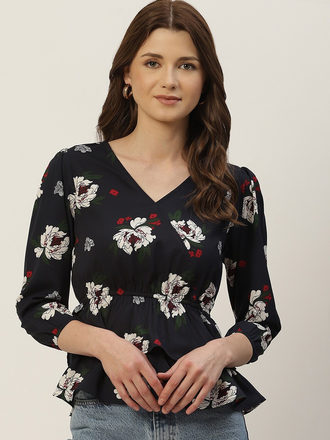 

Slenor Women Blue Floral Printed Crepe Peplum Top