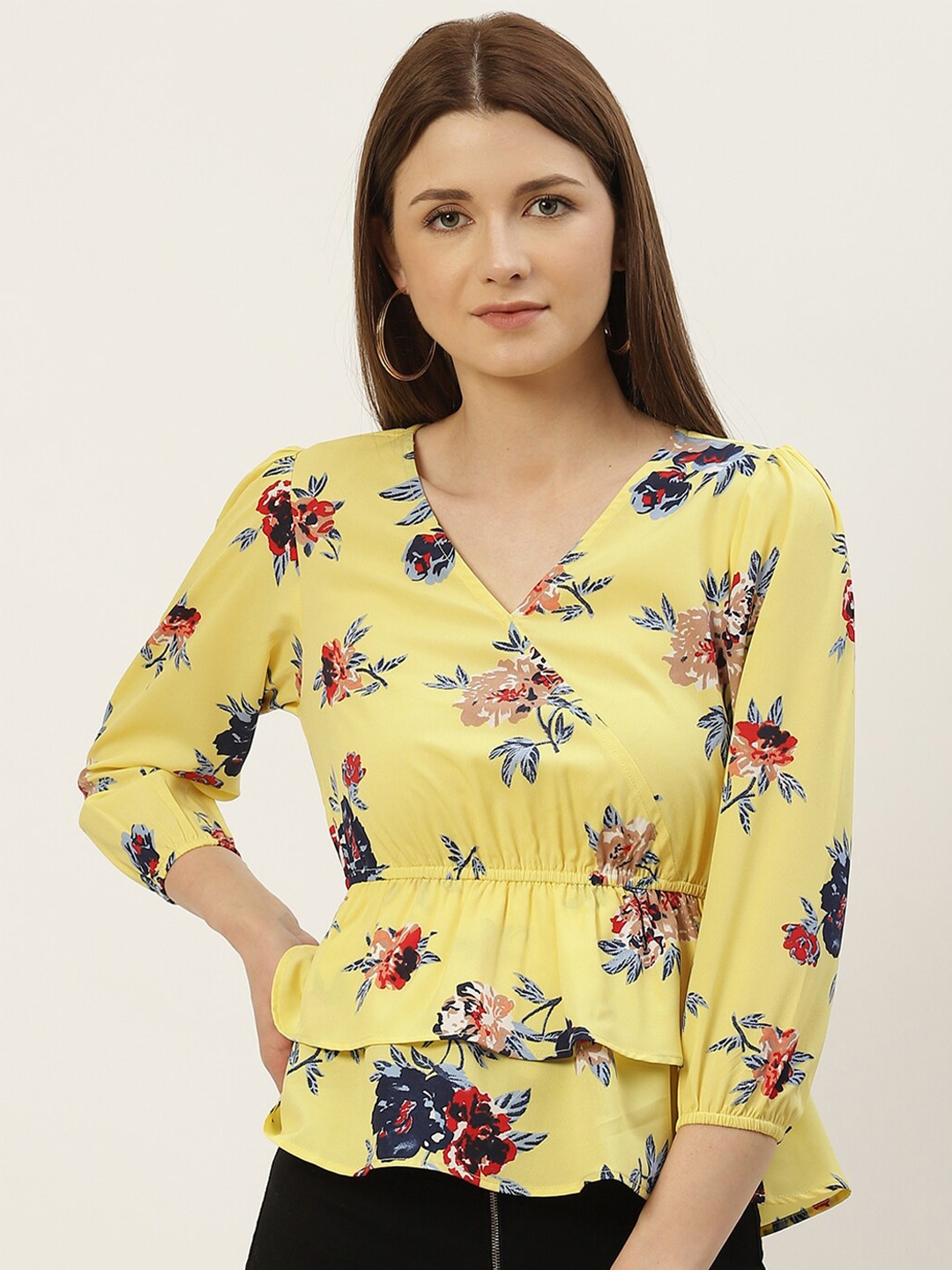 

Slenor Women Yellow Floral Print Crepe Empire Top