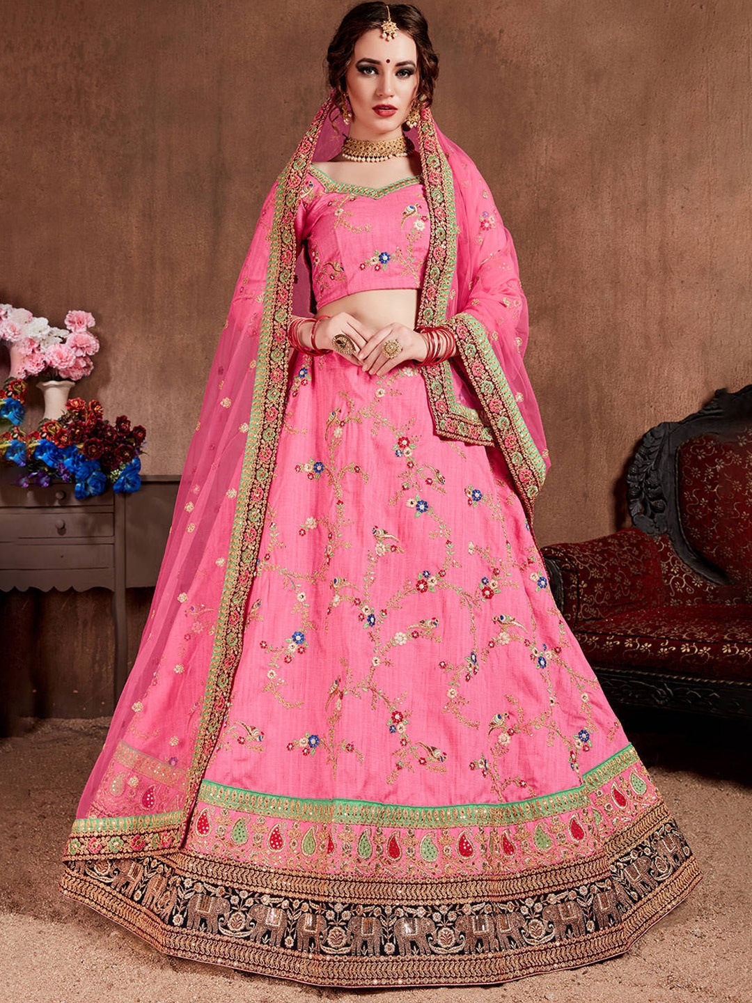 

FABPIXEL Pink & Black Embroidered Thread Work Semi-Stitched Lehenga & Unstitched Blouse With Dupatta