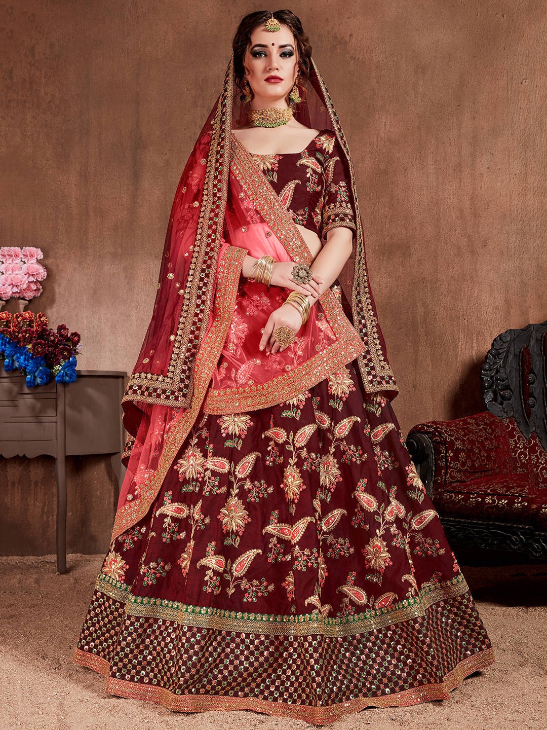 

FABPIXEL Maroon & Pink Embroidered Semi-Stitched Lehenga & Unstitched Blouse With Dupatta