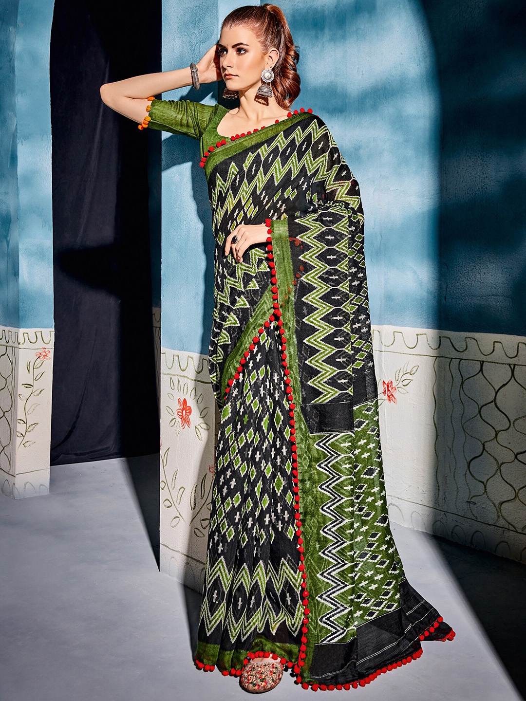

Mitera Black & Green Printed Saree