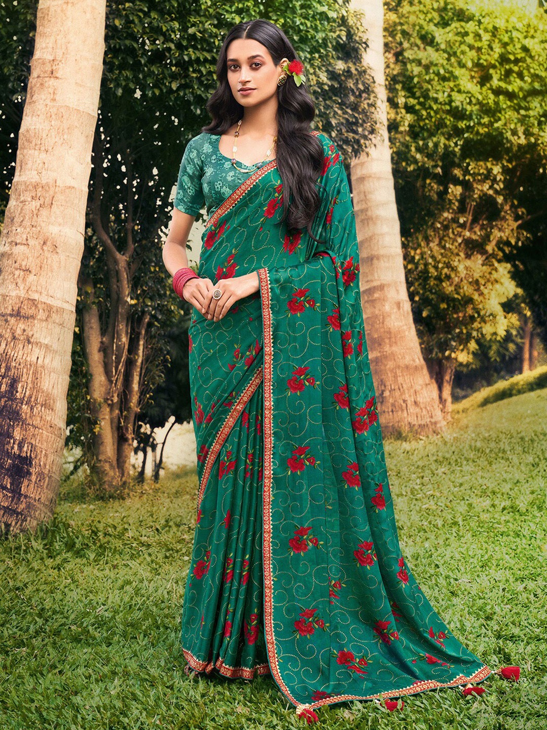 

Mitera Green & Red Floral Pure Chiffon Saree