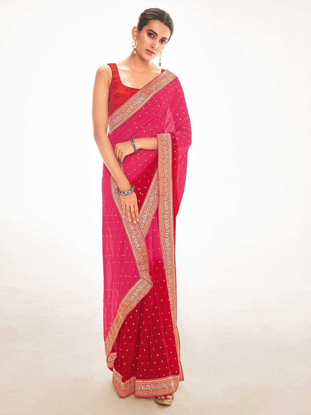 

Mitera Pink & Gold-Toned Woven Design Zari Silk Blend Saree