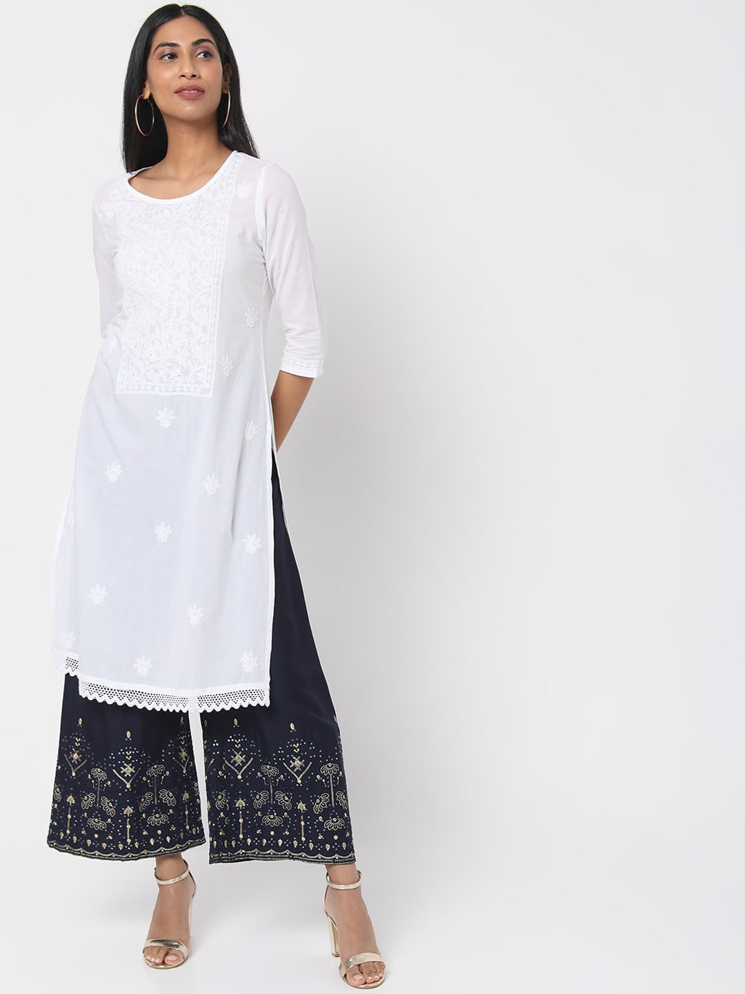 

Ethnicity Women White Ethnic Motifs Embroidered Chikankari Organic Cotton Kurta