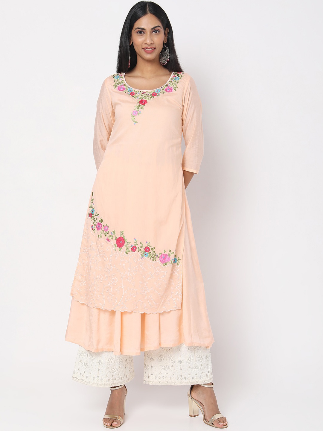 

Ethnicity Women Peach-Coloured Embroidered Flared Sleeves Anarkali Kurta