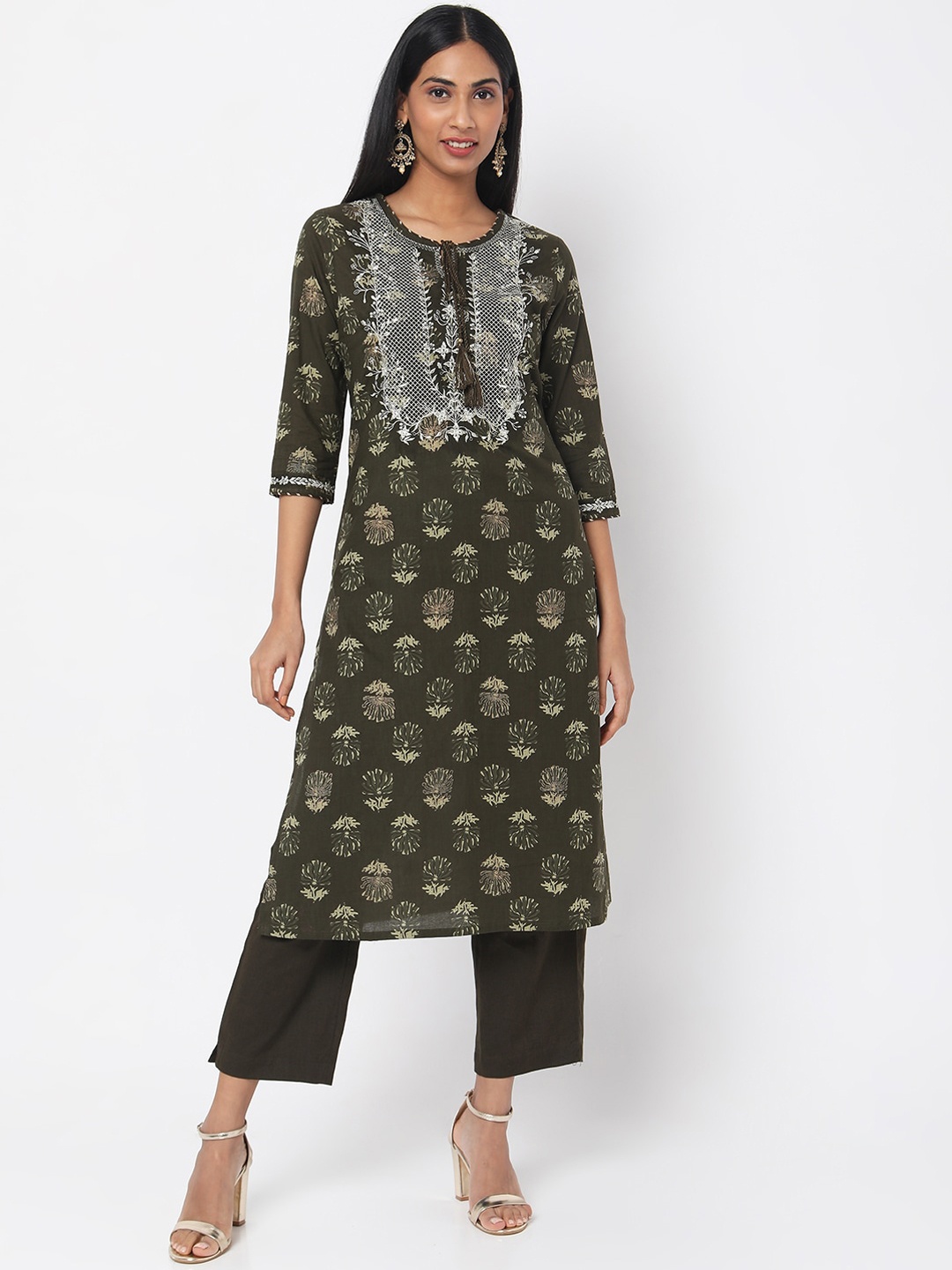 

Ethnicity Women Green Ethnic Motifs Printed Thread Work Kurta