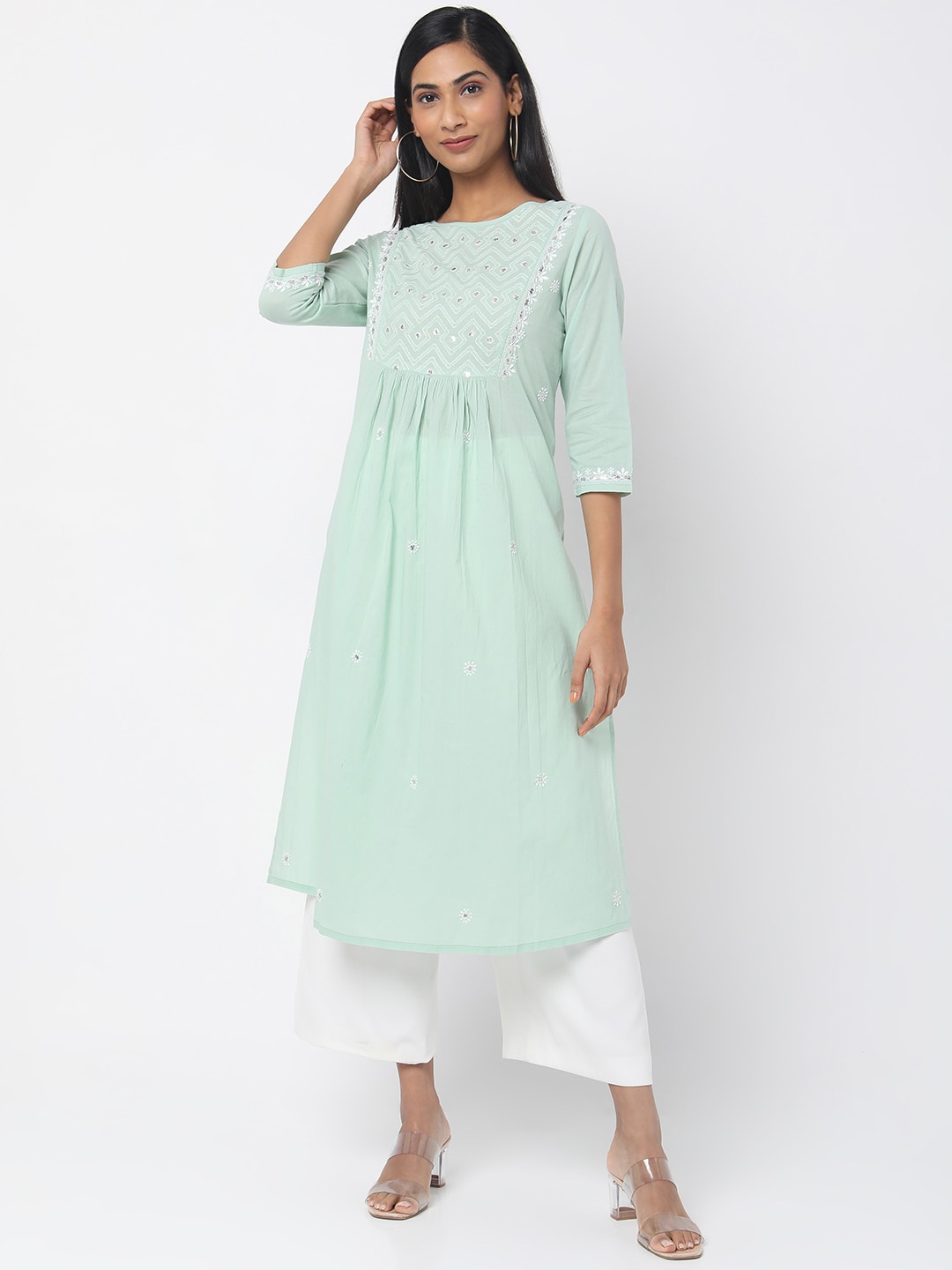 

Ethnicity Women Green Geometric Embroidered Thread Work Organic Cotton Kurta