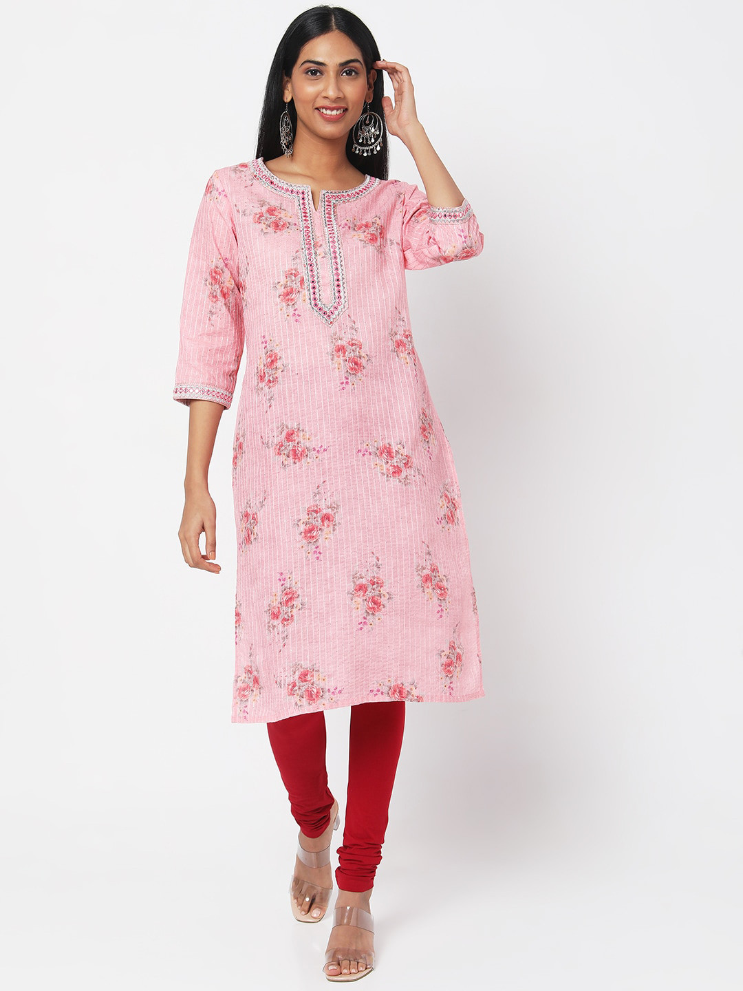 

Ethnicity Women Pink Floral Embroidered Keyhole Neck Flared Sleeves Mirror Work Kurta