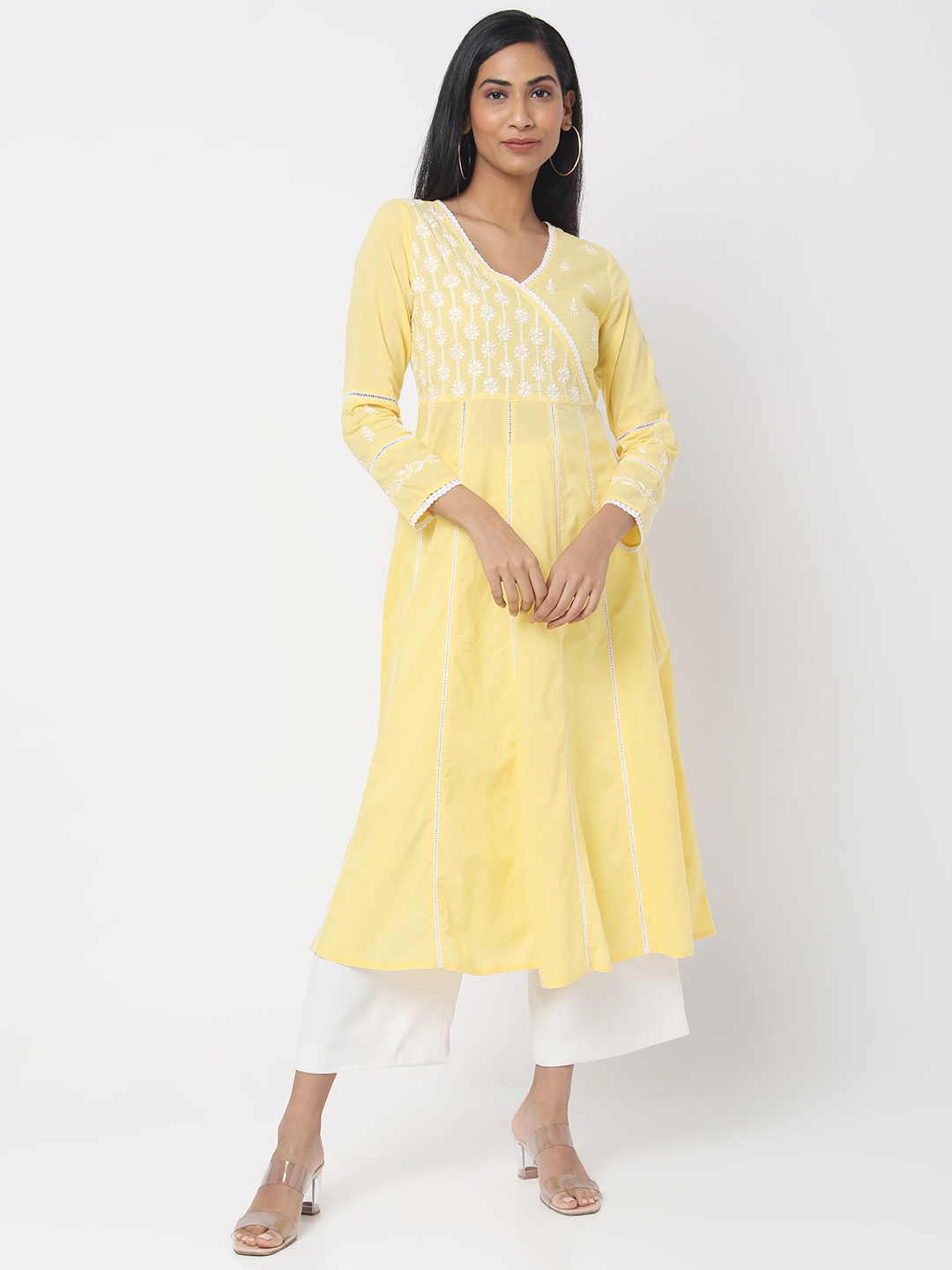 

Ethnicity Women Yellow Yoke Design Thread Work Organic Cotton Kurta