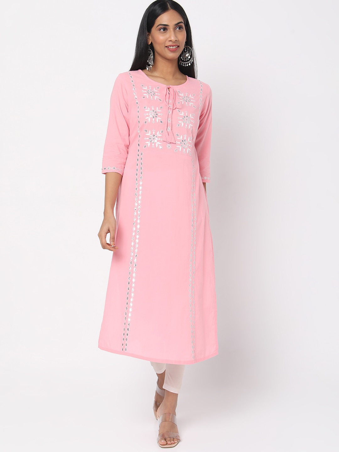 

Ethnicity Women Pink Embroidered Keyhole Neck Thread Work Organic Cotton Kurta