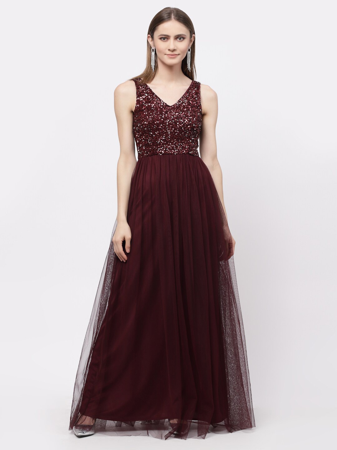 

Just Wow Women Burgundy Embellished Net Maxi Dress