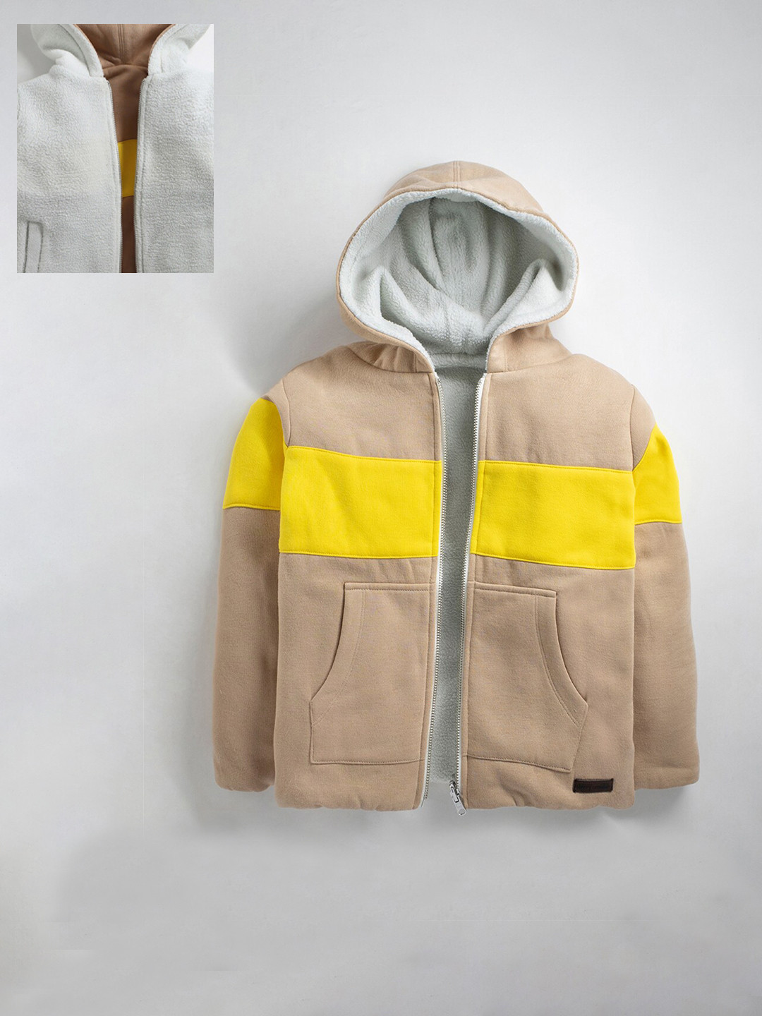 

Cherry Crumble Unisex Kids Solid & Colourblocked Reversible Hooded Sweatshirt, Beige