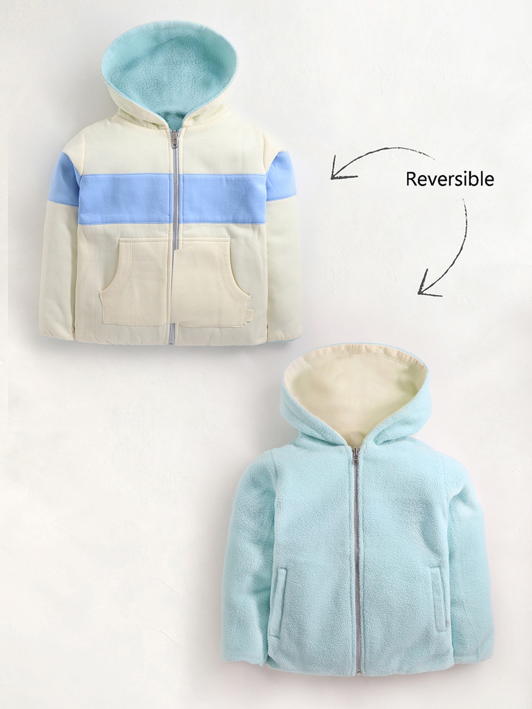 

Cherry Crumble Unisex Kids Solid & Colourblocked Reversible Hooded Sweatshirt, Cream