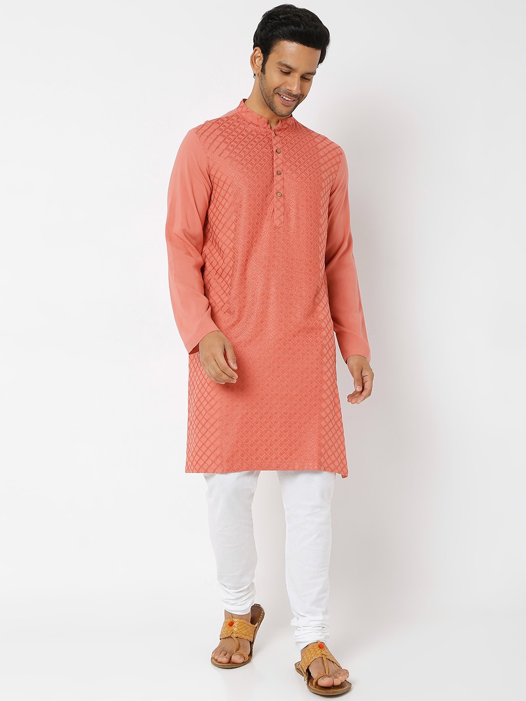 

Ethnicity Men Peach Embroidered Rayon Straight Kurta