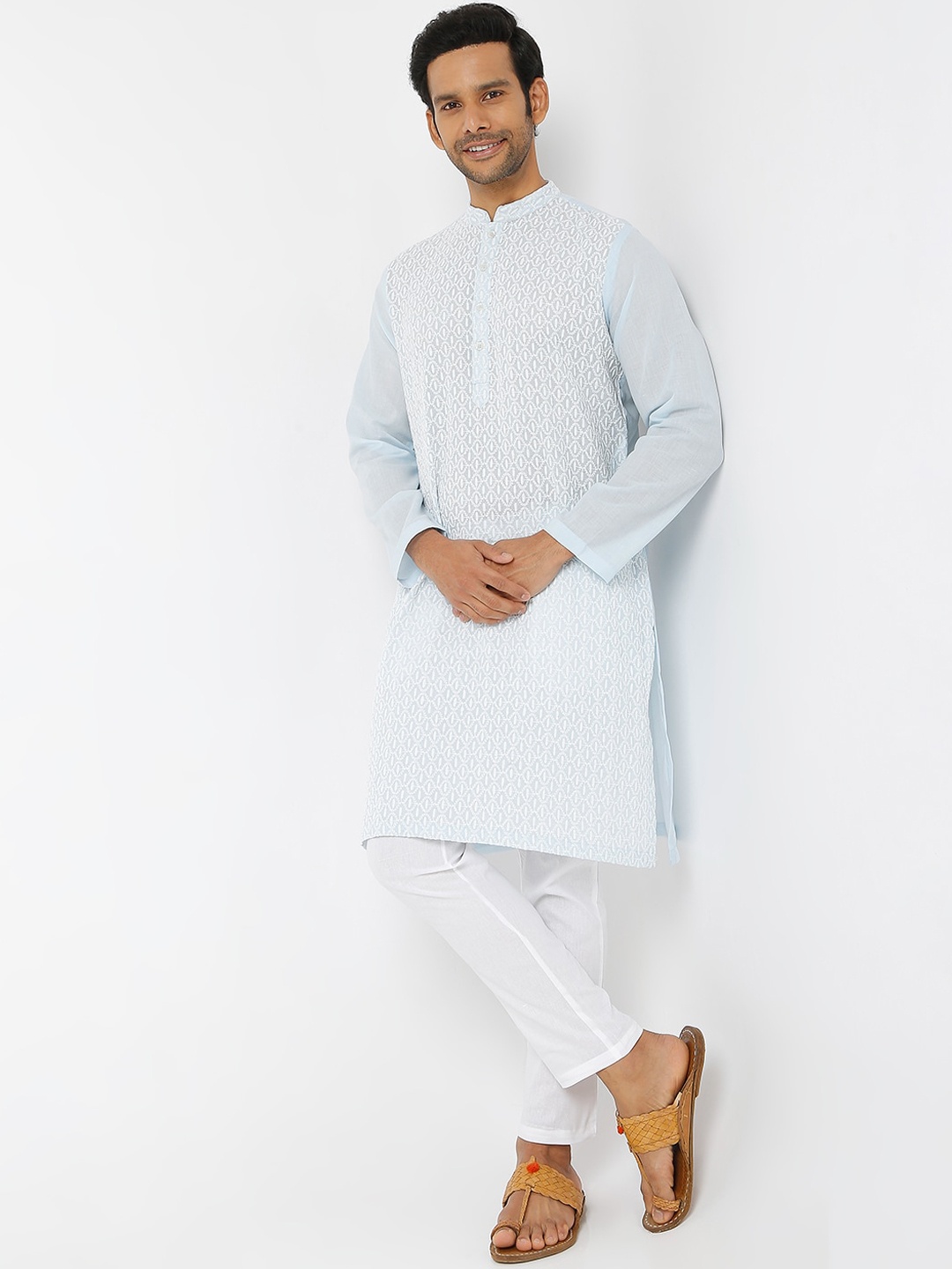 

Ethnicity Men Blue Geometric Chikankari Kurta