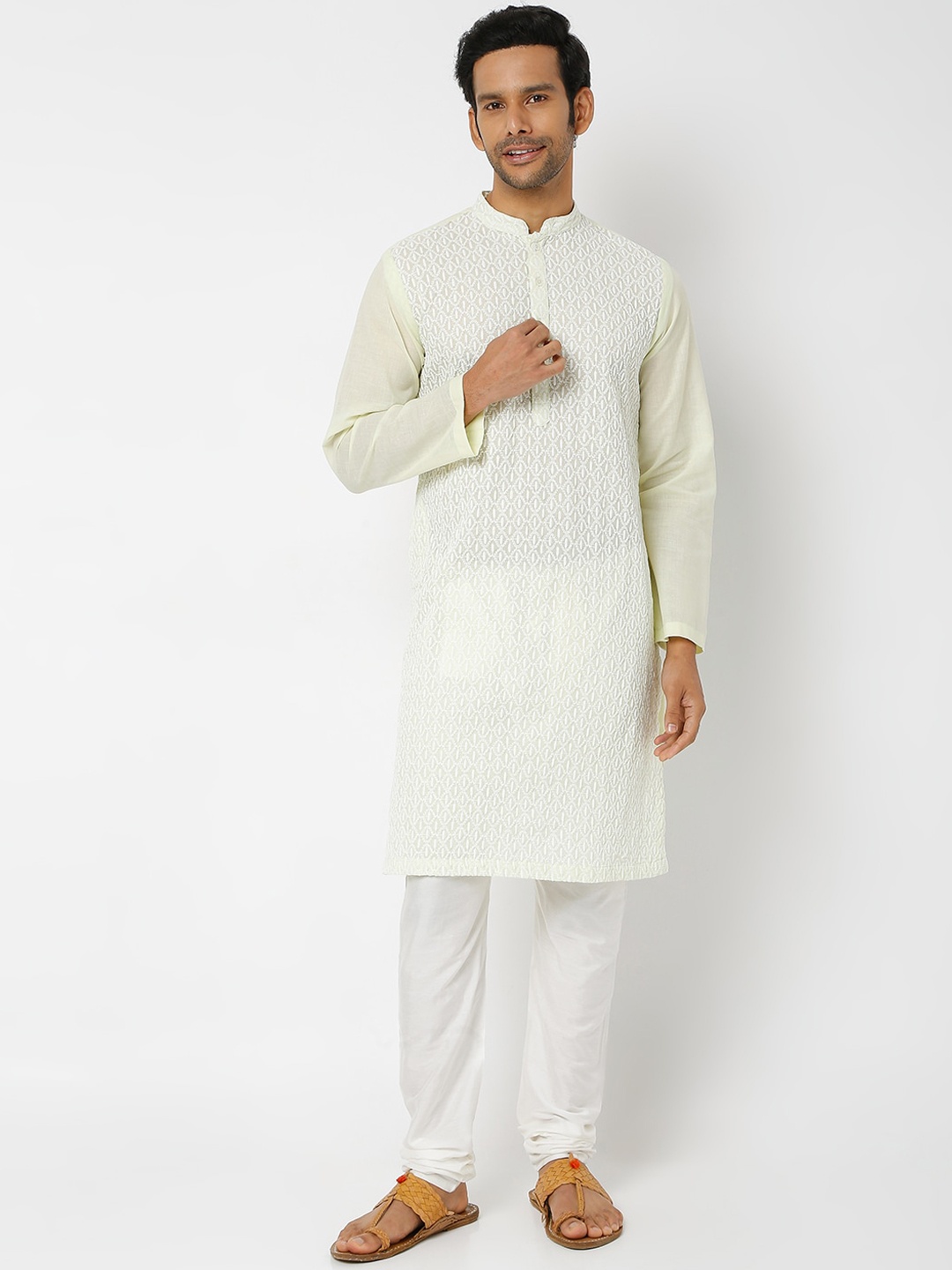 

Ethnicity Men Off White Geometric Kurta