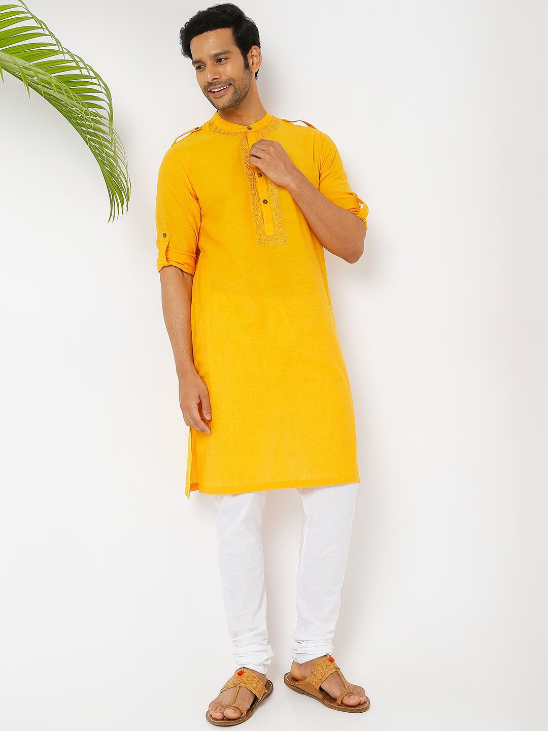 

Ethnicity Men Yellow Embroidered Yoke Design Cotton Kurta