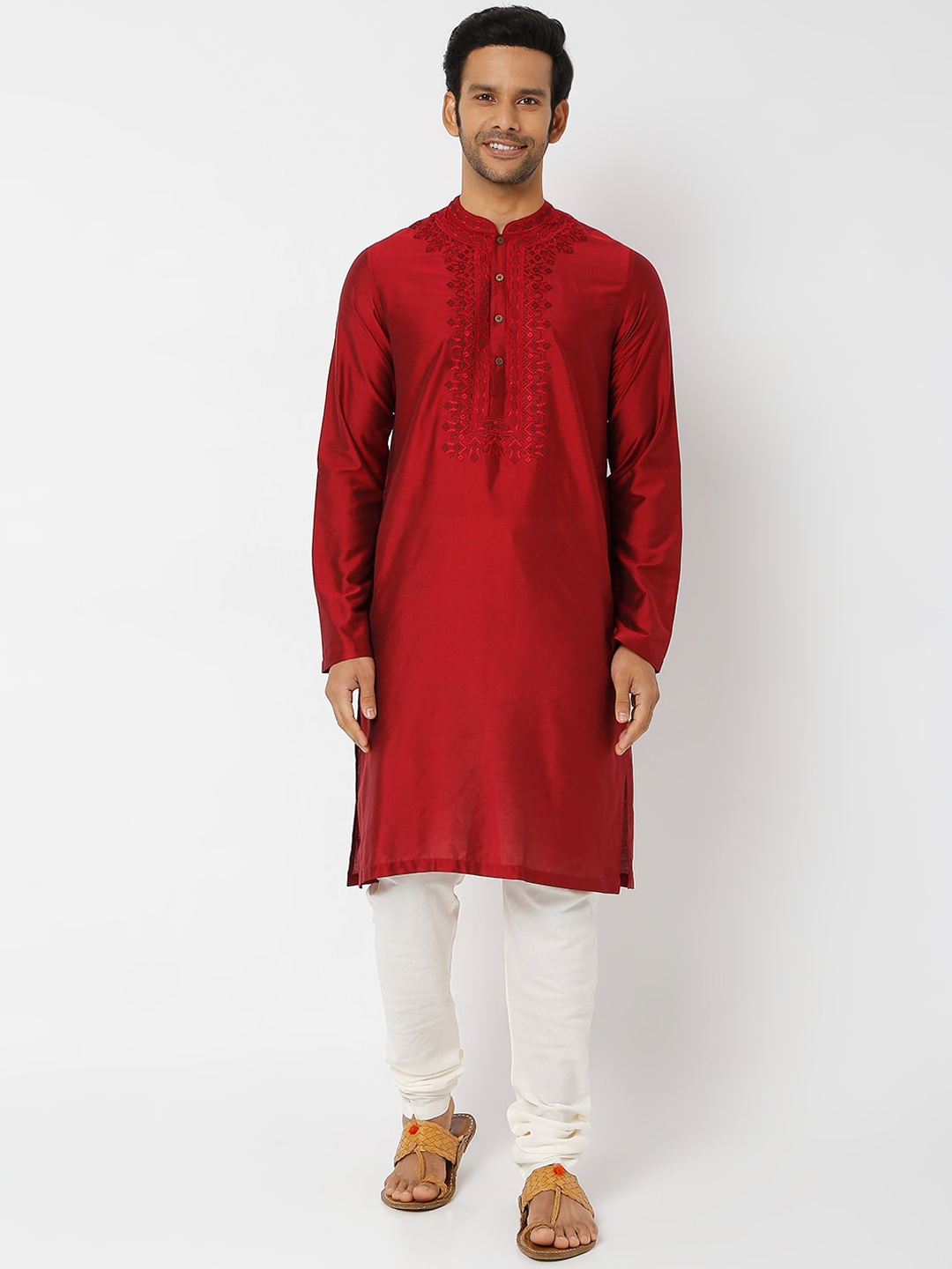 

Ethnicity Men Maroon Embroidered Yoke Design Straight Kurta