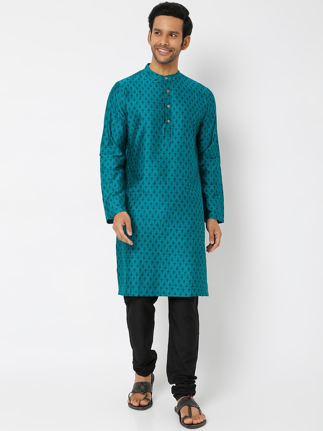 

Ethnicity Men Teal Printed Long Sleeve Straight Kurta