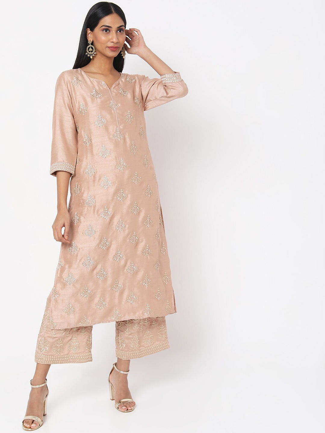 

Ethnicity Women Embroidered Kurta with Trousers & With Dupatta, Peach