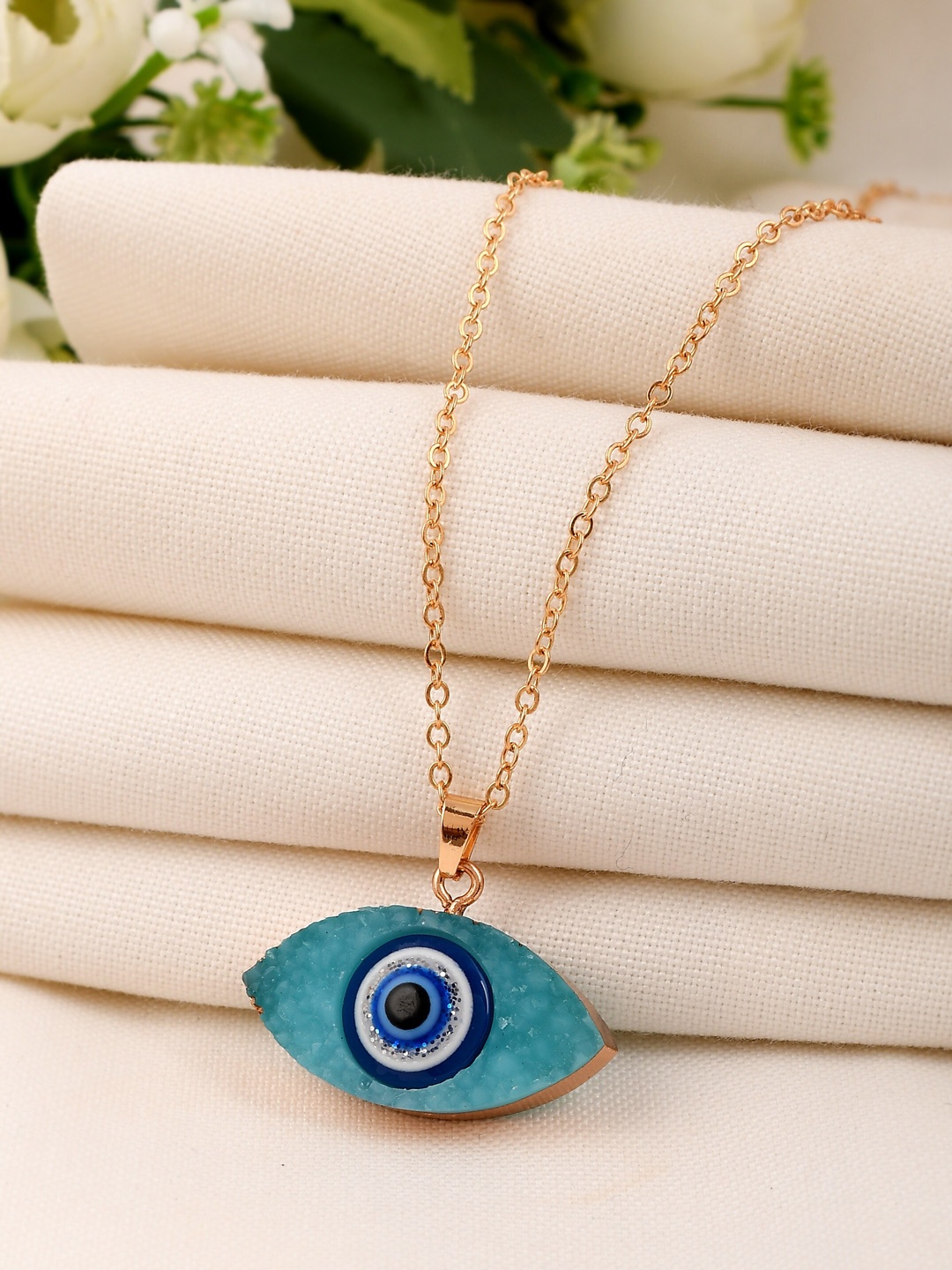 

AQUASTREET Women Blue Gold-Plated Evil Eye Charm Pendant With Chain