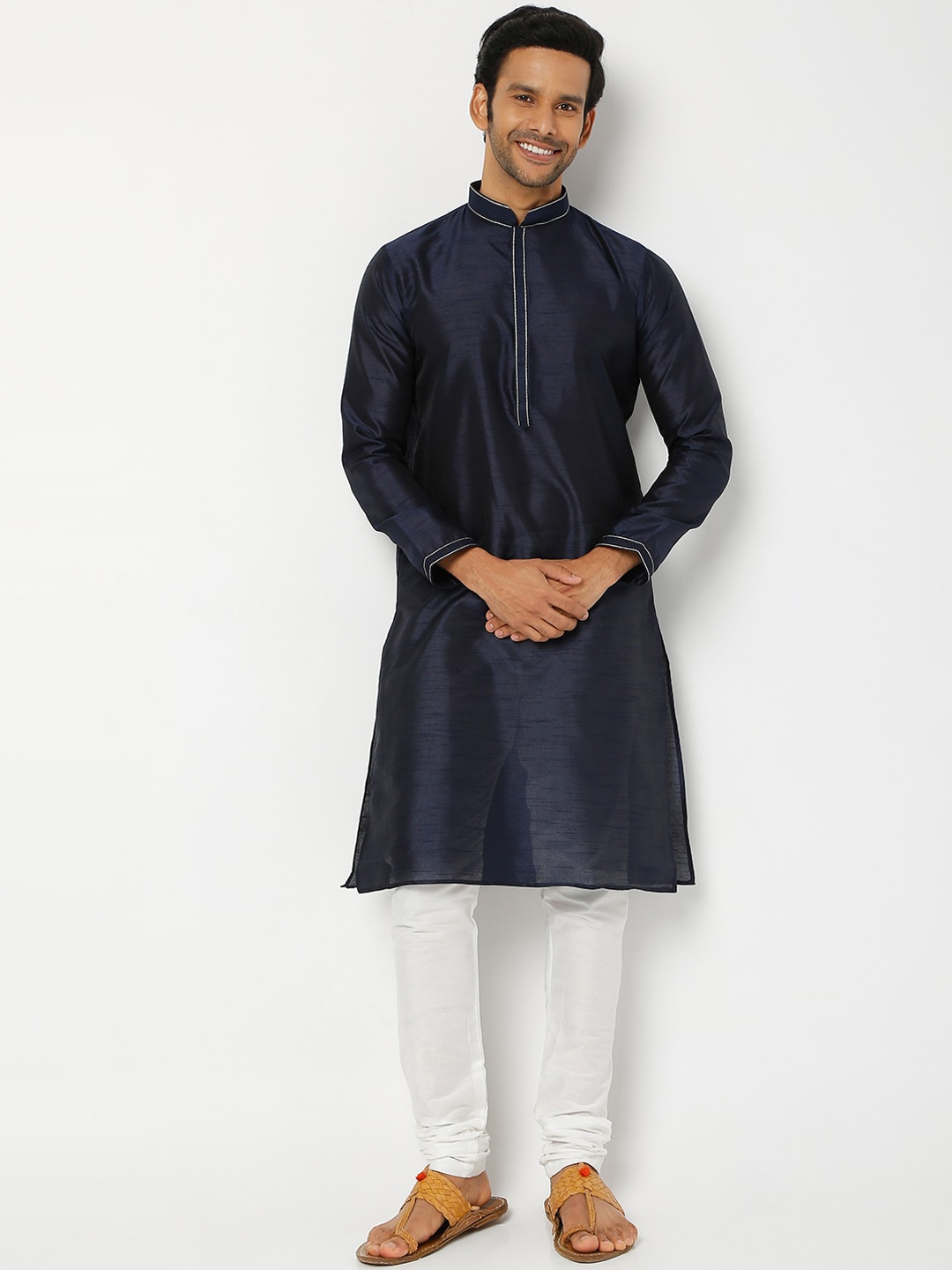 

Ethnicity Men Navy Blue Polyester Cotton Kurta with Churidar