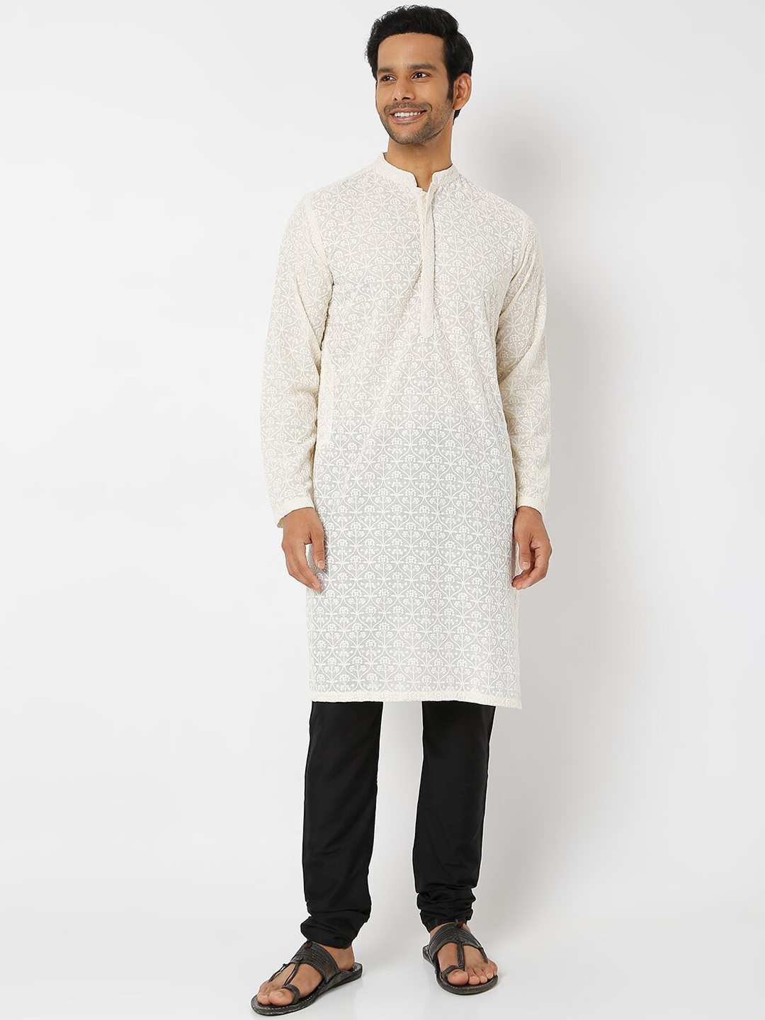 

Ethnicity Men Floral Embroidered Kurta with Churidar, Cream