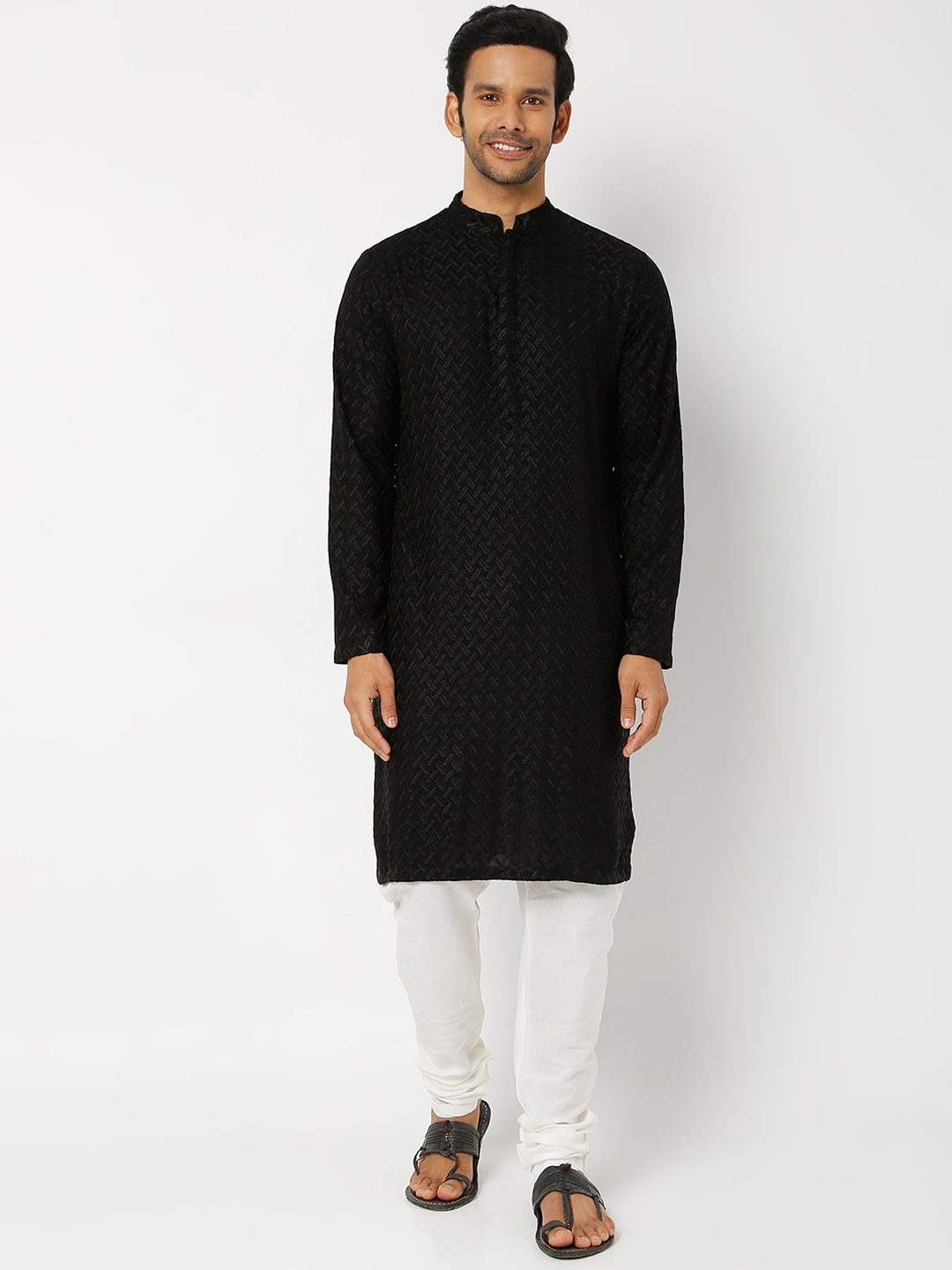 

Ethnicity Men Black Ethnic Motifs Embroidered Kurta with Churidar