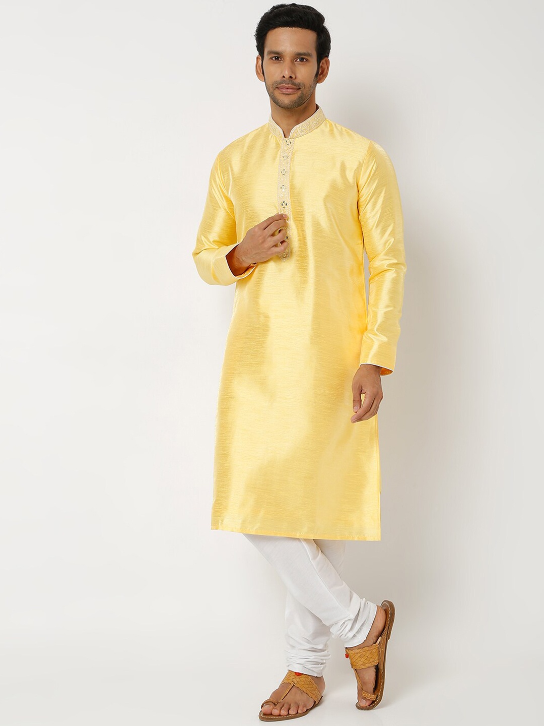 

Ethnicity Men Yellow & White Kurta with Churidar