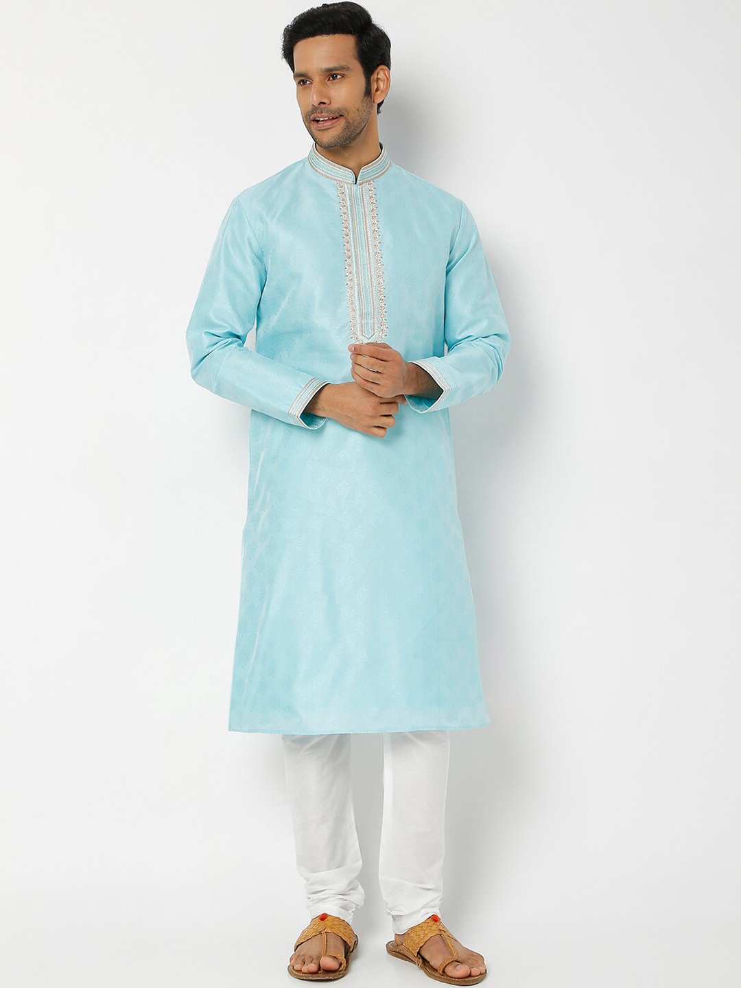 

Ethnicity Men Blue Thread Work Kurta with Churidar
