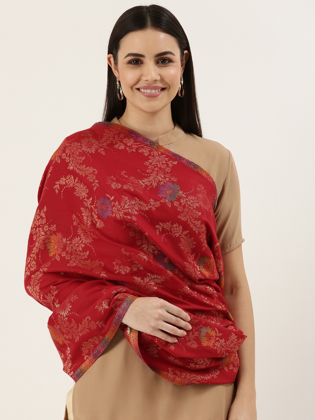 

Pashmoda Women Maroon & Mustard Woven Design Kaani Wool Shawl
