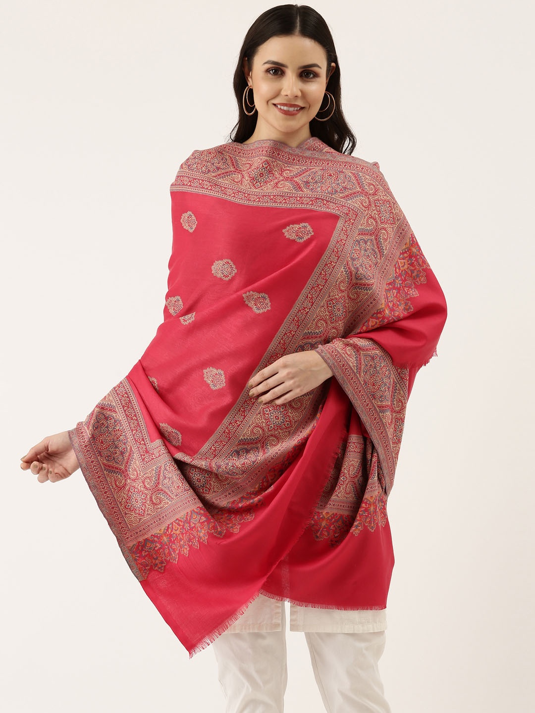 

Pashmoda Women Fuchsia Ethnic Motifs Woven Design Jamawar Shawl, Pink