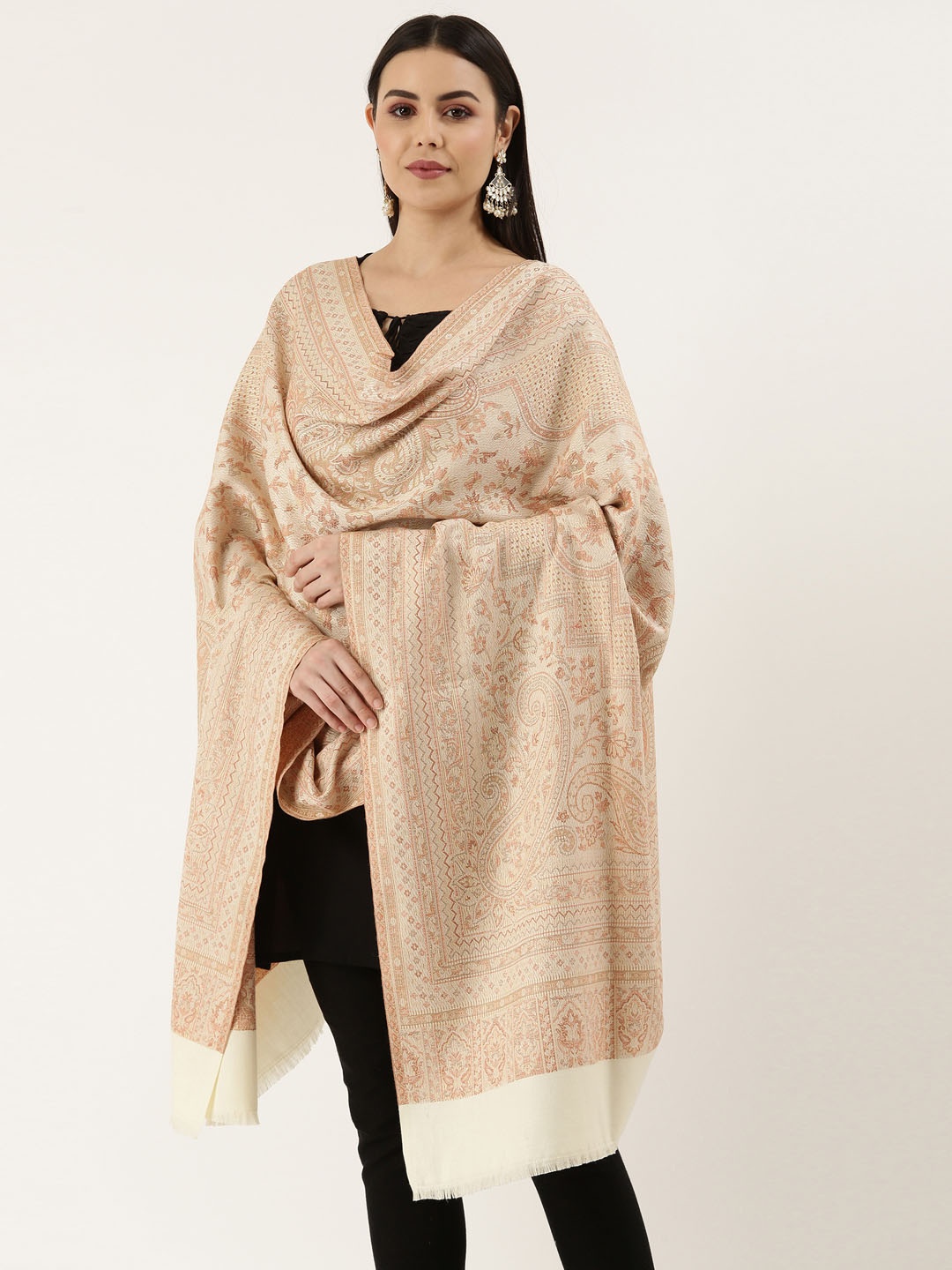 

Pashmoda Women Off- White Woven Design Wool Jamawar Shawl